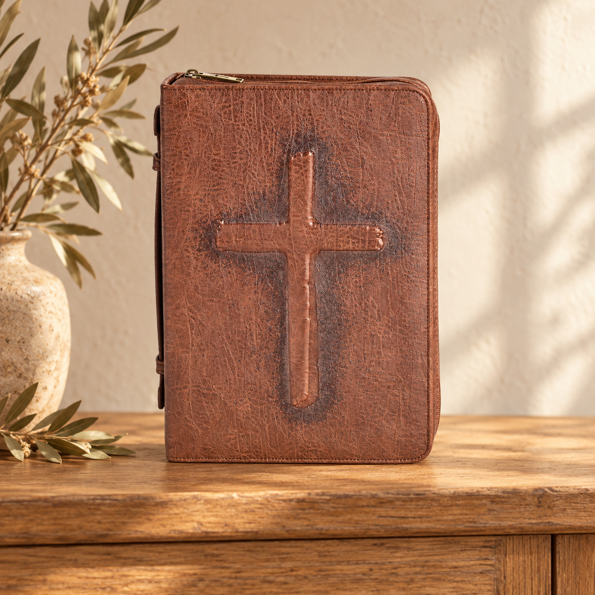 Bible Cover: Vintage Cross — Brown, Large — Psalm & Cedar editorial product image