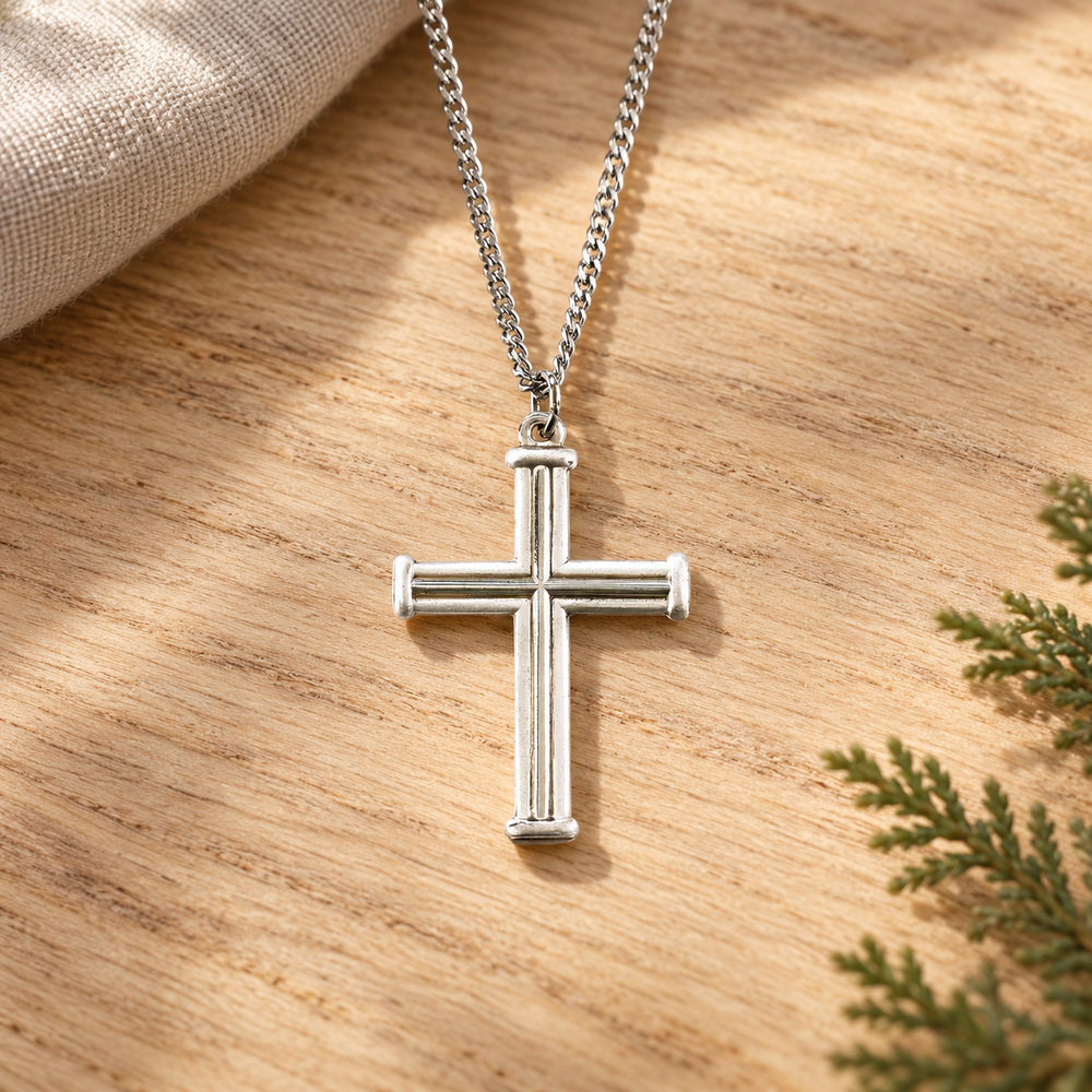 Necklace: Silver Plated Double Satin Cross — Psalm & Cedar editorial product image