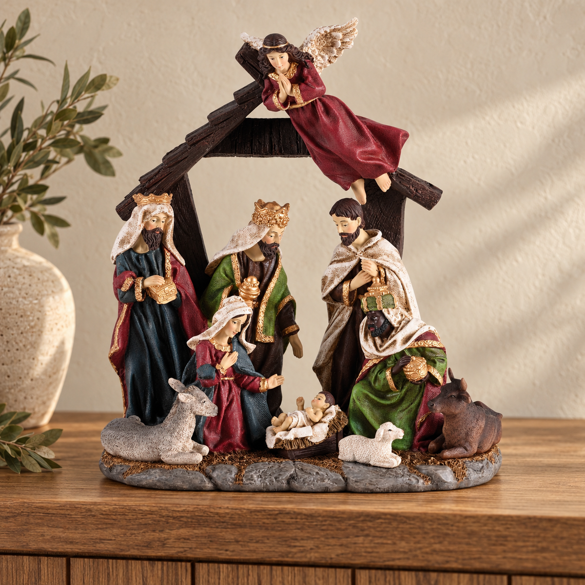 Nativity: Holy Family & Animals in a Crèche — 12.5 Inches — Psalm & Cedar editorial product image