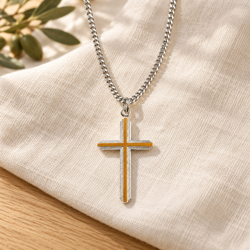 Necklace: Two-Tone Silver & Gold-Plated Cross — 24-Inch Chain — Psalm & Cedar editorial product image