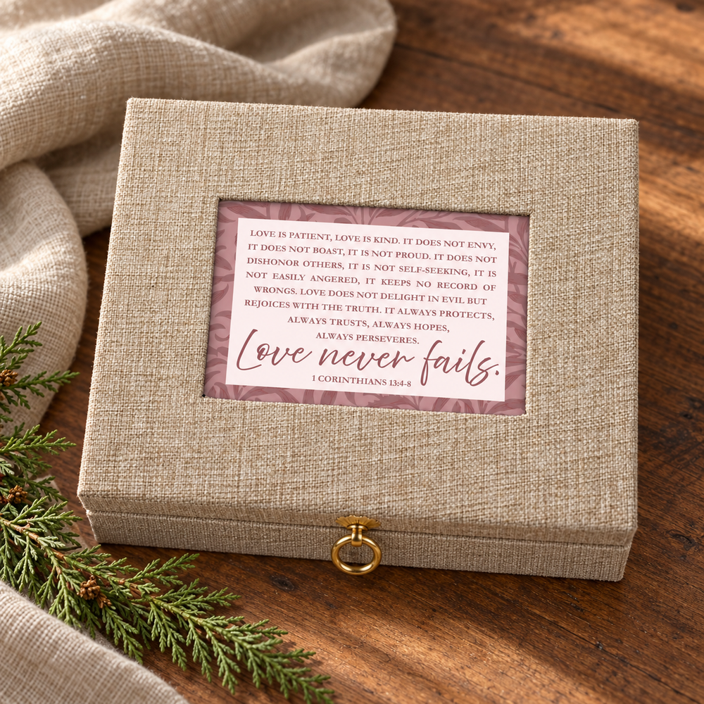 Large Linen Jewelry Box — Love Never Fails — Psalm & Cedar hero