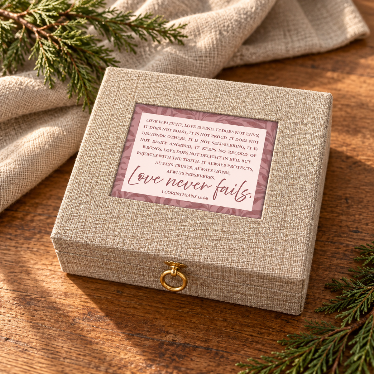 Large Linen Jewelry Box — Love Never Fails — Psalm & Cedar lifestyle