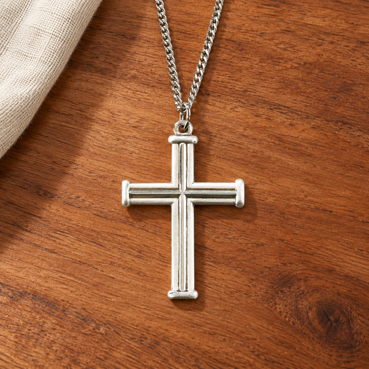 Silver plated double satin cross necklace