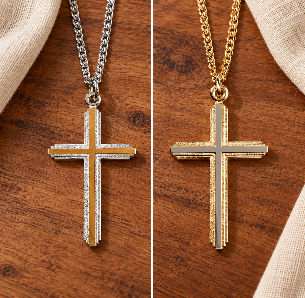 Necklace: Two-Tone Silver & Gold-Plated Cross — 24-Inch Chain — front view
