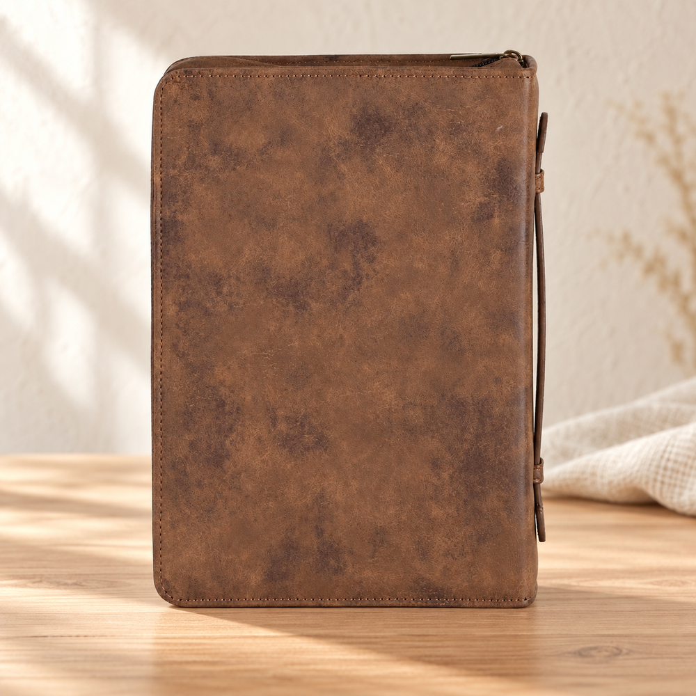 Brown suede-look Bible cover, rear view — Psalm & Cedar