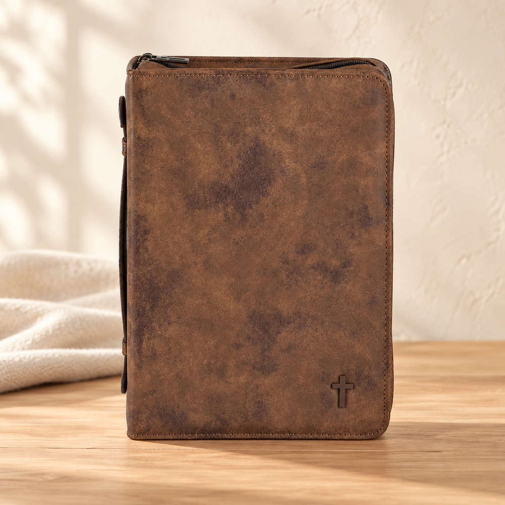 Brown suede-look Bible cover, front view — Psalm & Cedar