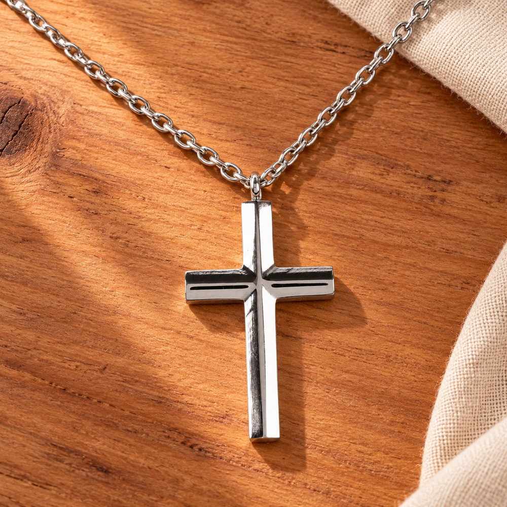 Stainless-steel beveled cross necklace