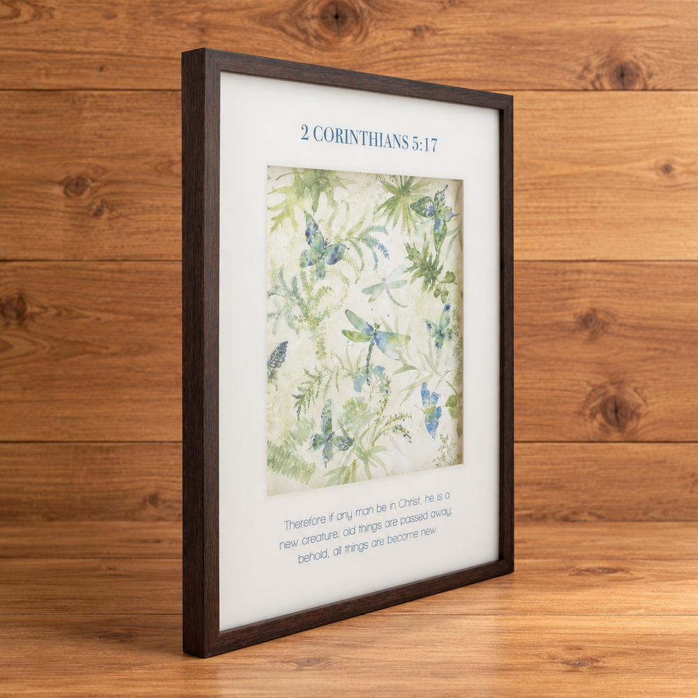 Psalm & Cedar framed wall art — 2 Corinthians 5:17 side view