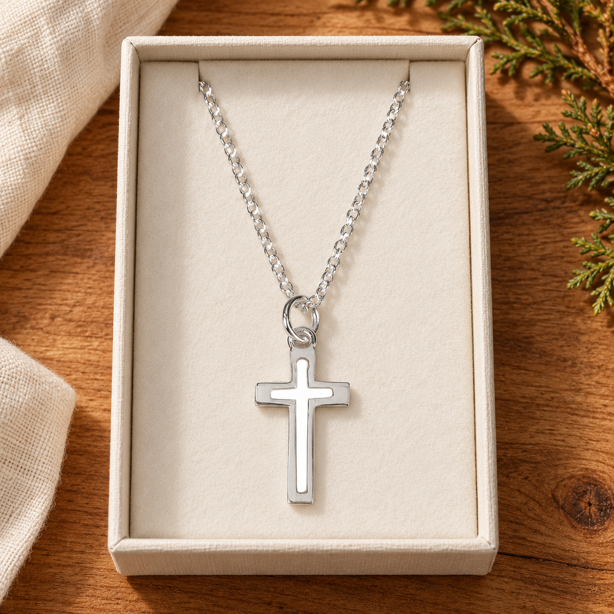Silver plated box chain necklace with cross pendant