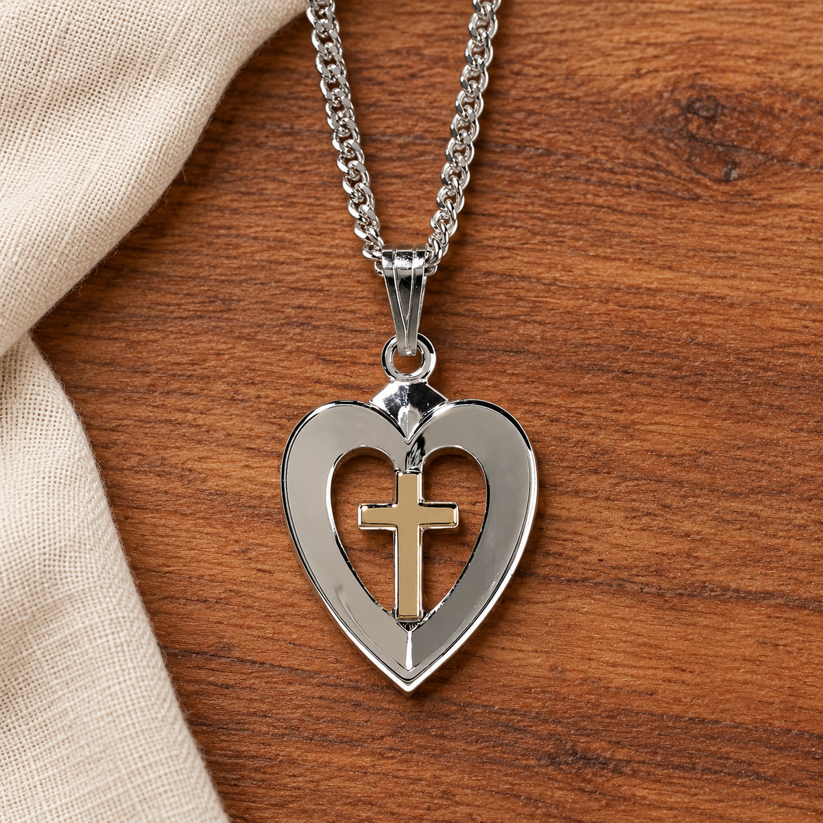 Necklace: Silver Plated Heart with Plated Cross