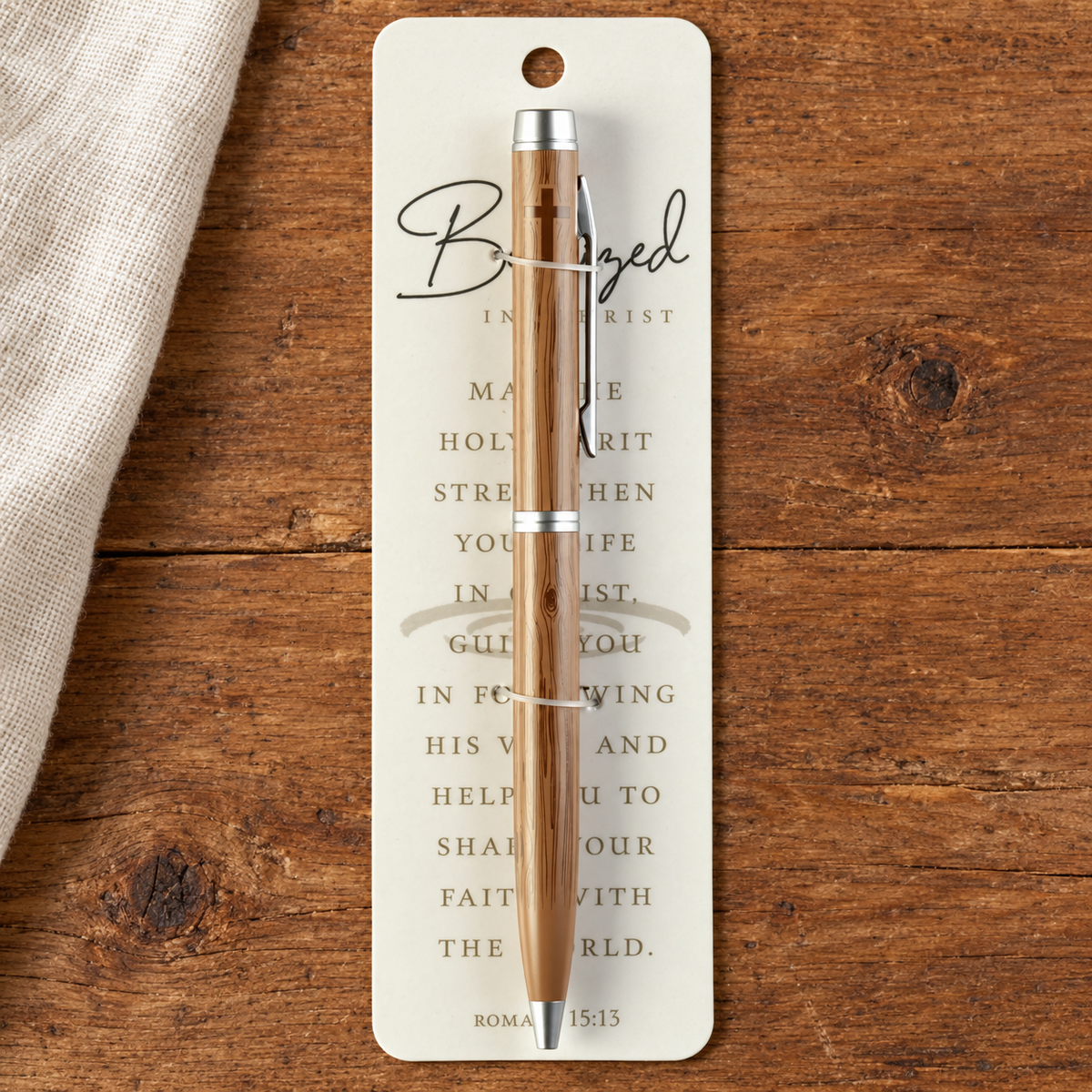 Baptized in Christ wood pen with Romans 15:13 card