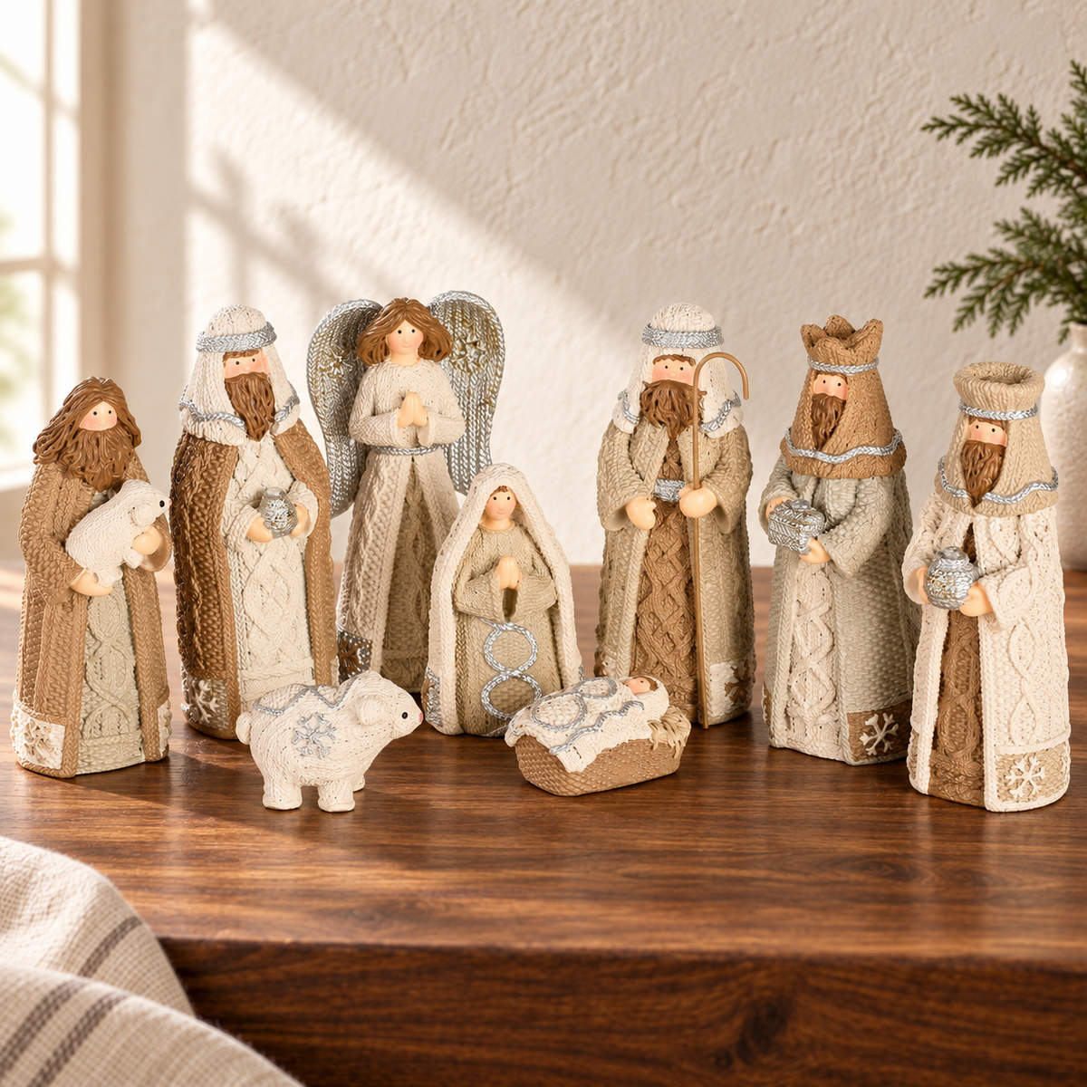 White Knitted-Look Nativity Set — 9 Pieces, 4-Inch — view 1