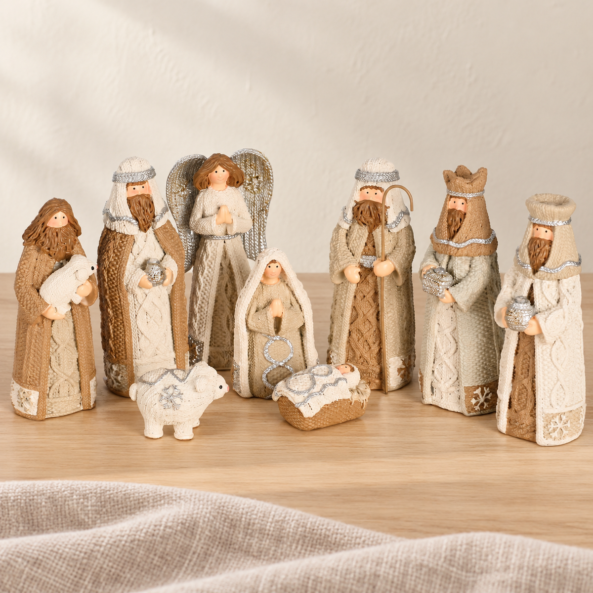 Psalm & Cedar — Nativity Set: White Knitted-Look — 9 Pieces, 4-Inch — supplier-reference-verified hero
