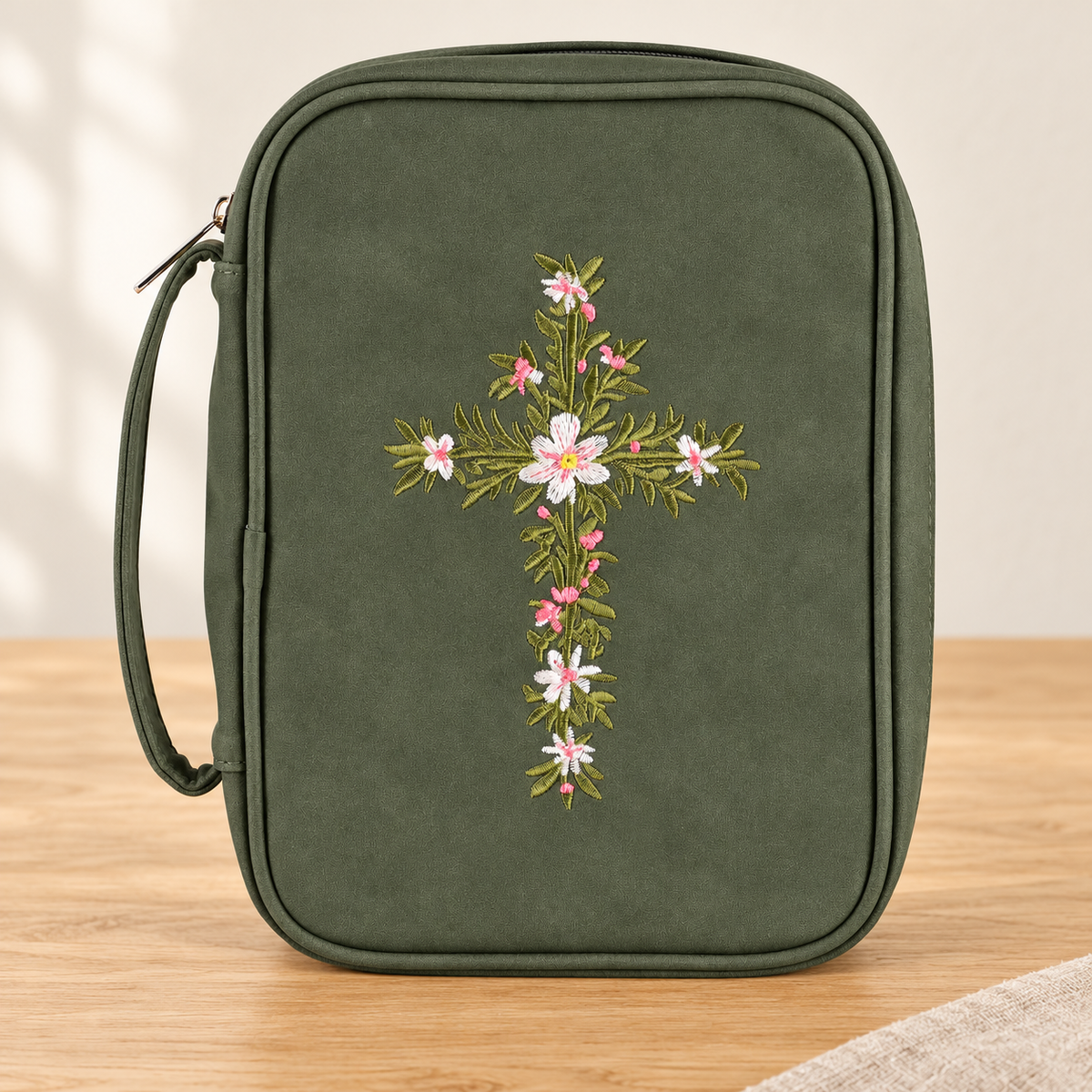 Psalm & Cedar — Bible Cover: Floral Cross — Olive Green — supplier-reference-verified hero