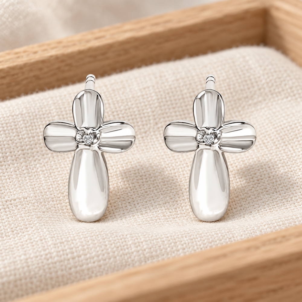 Psalm & Cedar | .925 Sterling Silver Diamond Floral Cross Studs