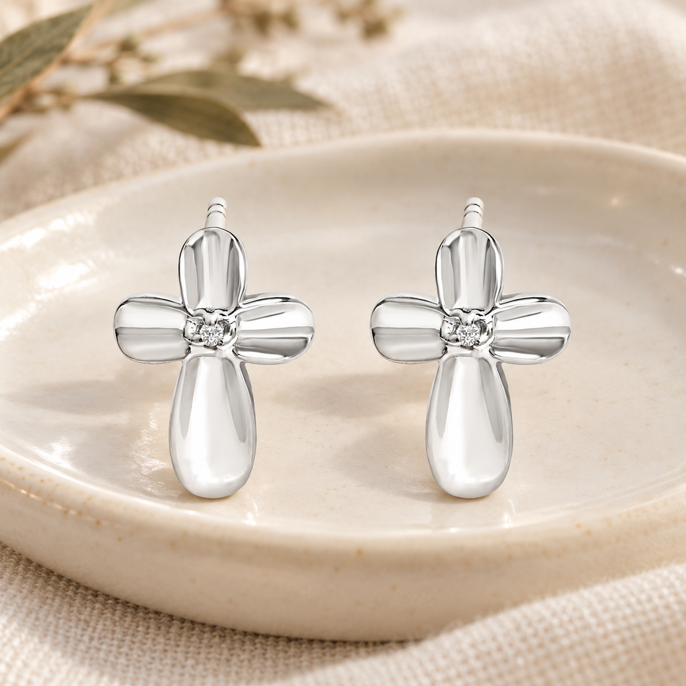 Psalm & Cedar | .925 Sterling Silver Diamond Floral Cross Studs