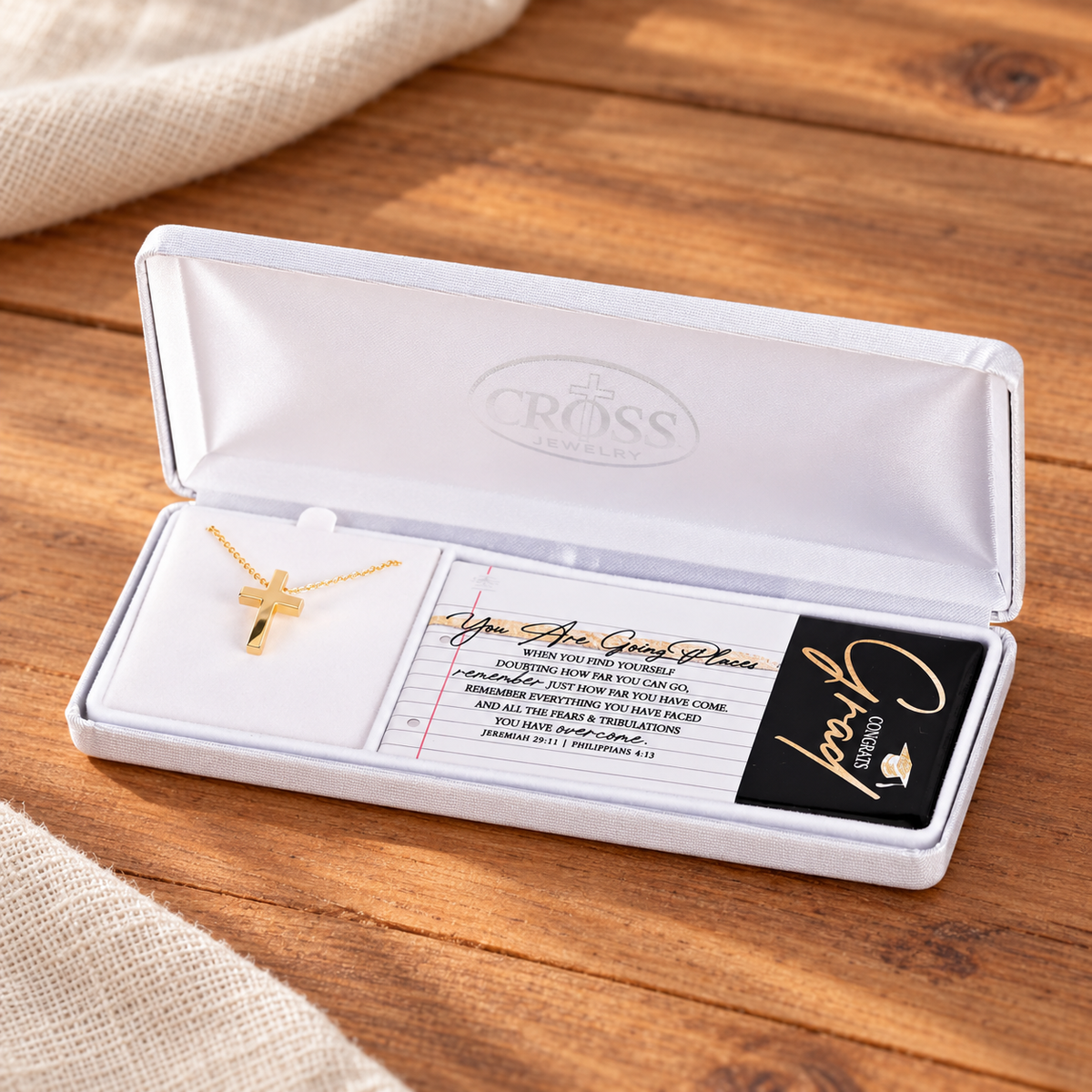 Gold graduated box cross necklace