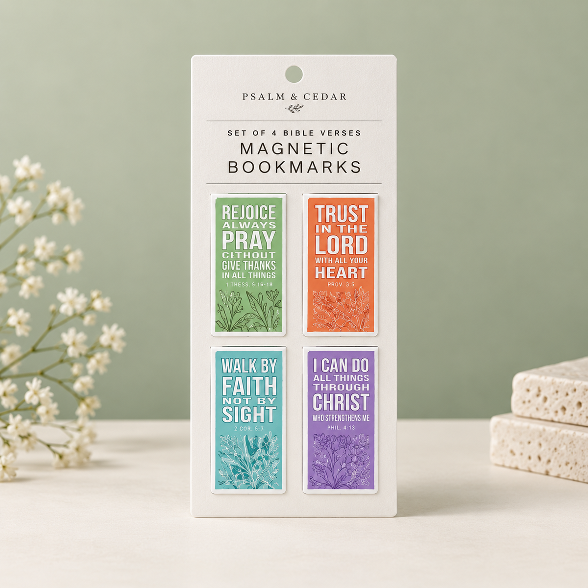 Psalm & Cedar — Floral Scripture Magnetic Bookmark Set