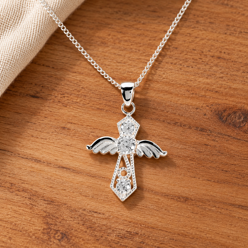 Psalm & Cedar — Angel Cross CZ Stones silver-plated necklace, view 1